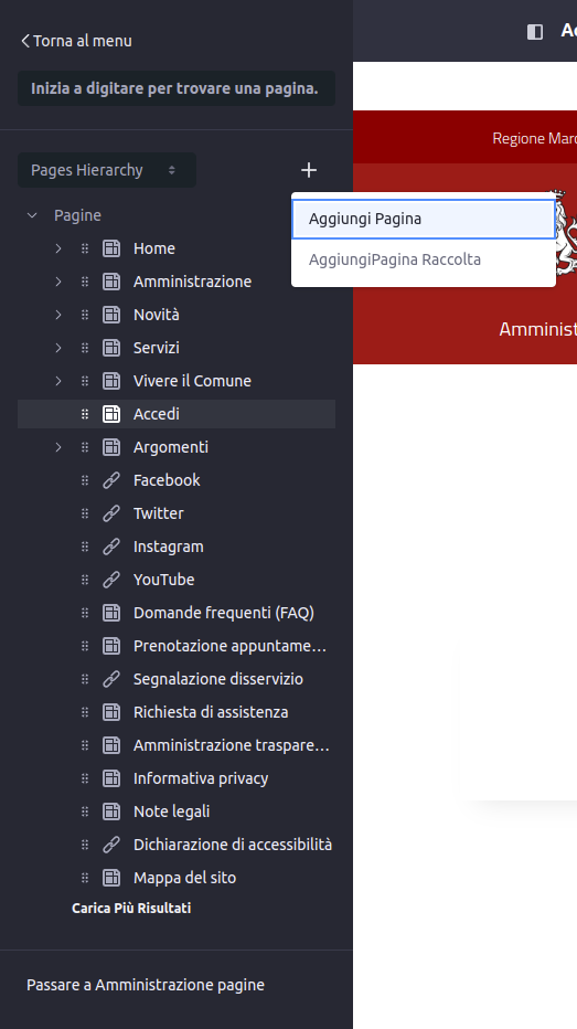 Creazione pagina di primo livello