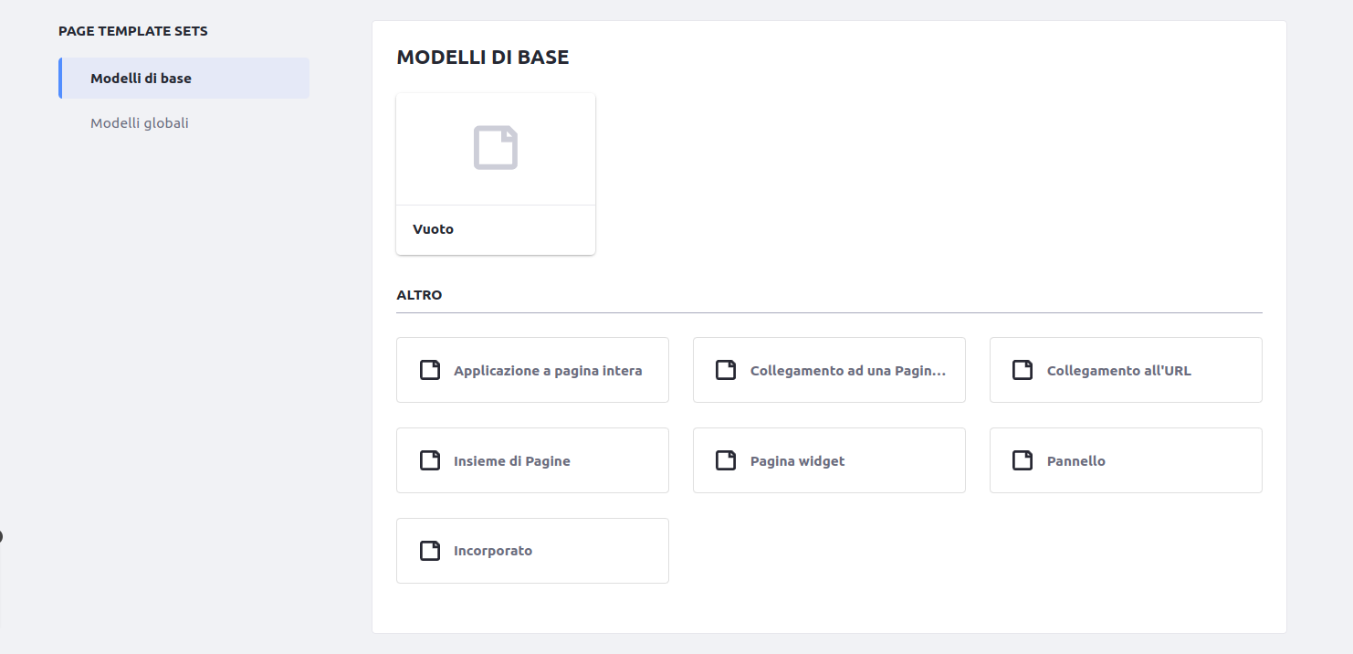Creazione pagina - selezione tipologia
